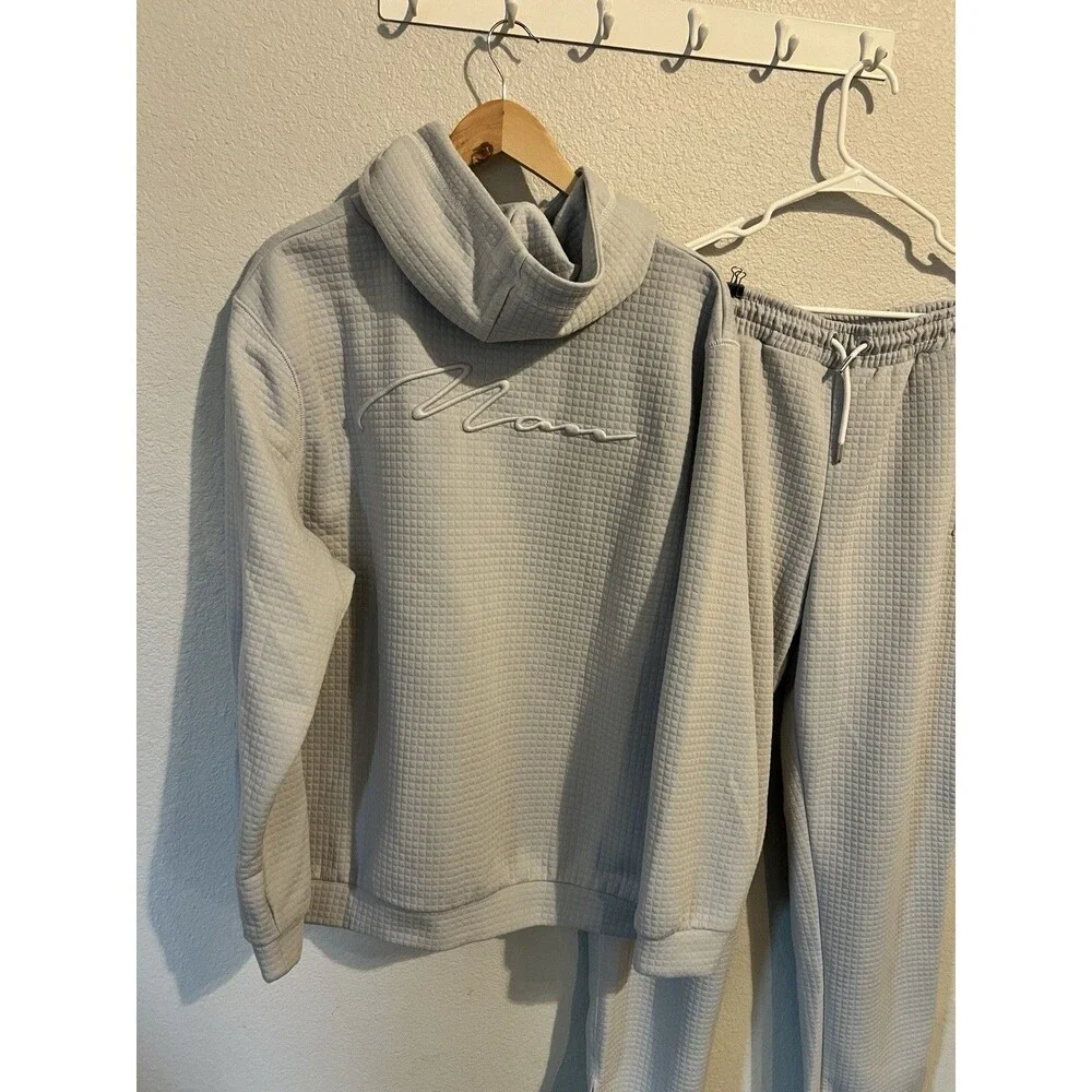BoohooMAN Gray Waffle 2-Piece Sweatsuit Hoodie & Tapered Pants XL